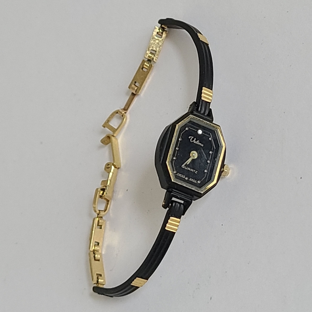 Vintage Valima Quartz Rhinestone Hexagonal Black Gold Thin Sleek Strap Watch